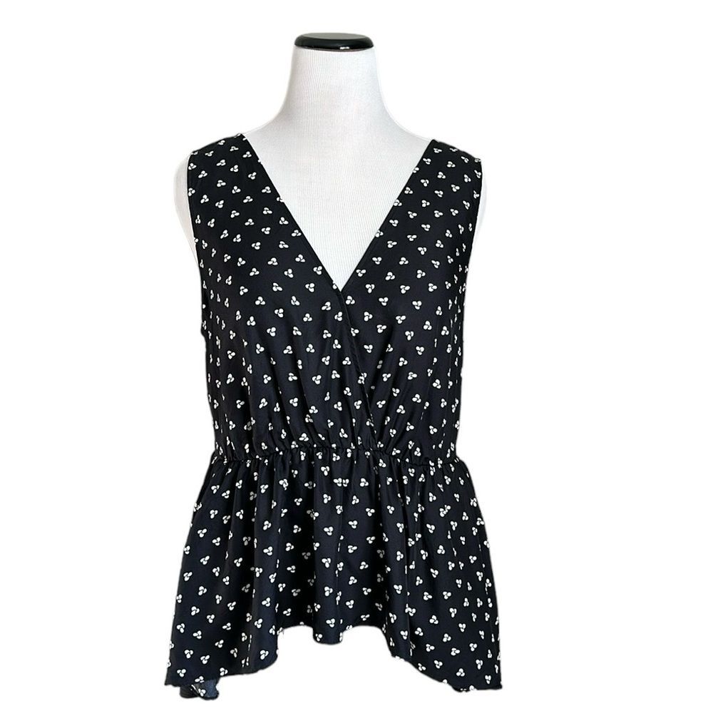 LEWIT Women’s Printed Black Silk Tank Top with ruffle peplum hem Size XL